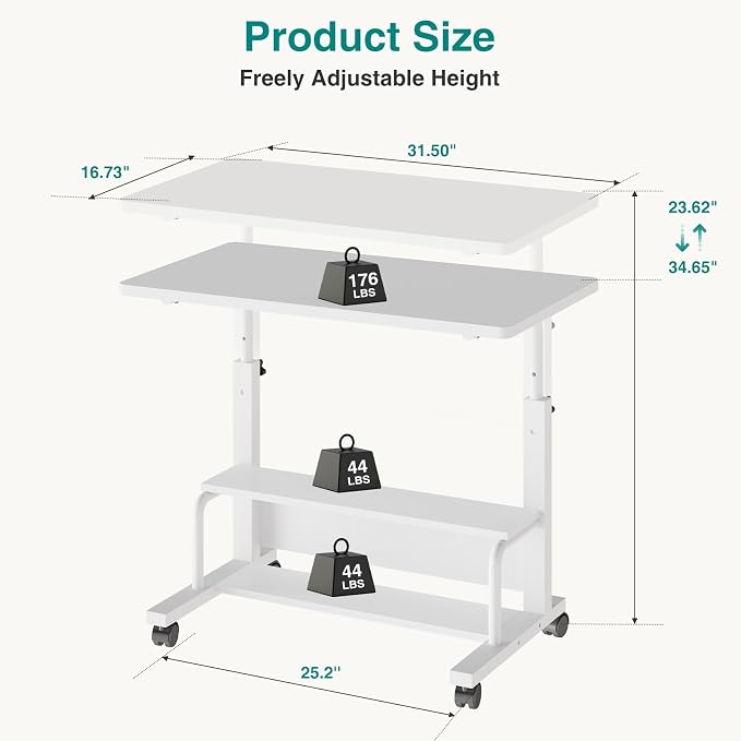 OLIXIS Rolling Desk, Storage Shelves, Laptop Table, Home Office | Height Adjustable Design, Computer Desks on Wheels, Portable for Small Spaces Use, White