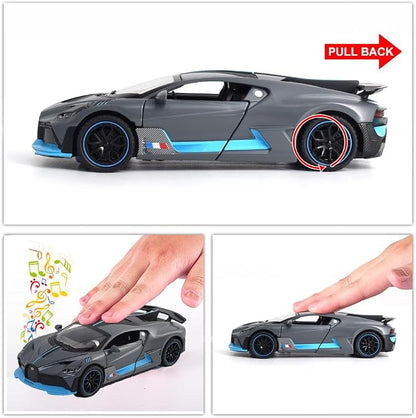 1:32 Bugatti Toy Car Divo Metal Model Diecast Cars with Light and Sound Pull Back Toy Cars for Boys Kids Gift (Divo-Grey)