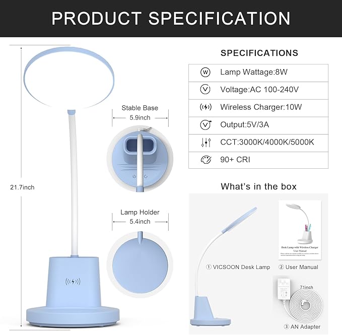 LED Desk Lamp with Wireless Charger for Home Office, Small with Pen Holder, 800LM,3 Color Modes,Gooseneck, Eye-Caring White Desk Lamps for Home College Dorm Room,Blue