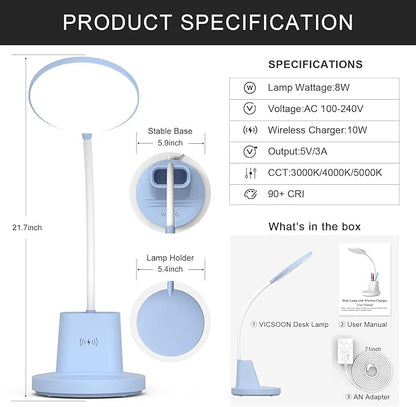 LED Desk Lamp with Wireless Charger for Home Office, Small with Pen Holder, 800LM,3 Color Modes,Gooseneck, Eye-Caring White Desk Lamps for Home College Dorm Room,Blue