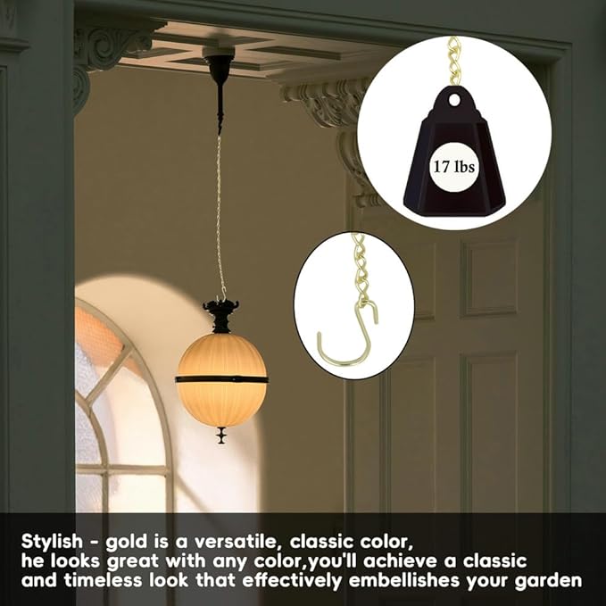 236 Inch Gold Hanging Baskets Chains - Adjustable Length, Brass Decorative Metal Chain with A Great Assortment of Hooks for Hanging Bird Feeders Planters Baskets Billboards Ornaments, Chain Hooks DIY