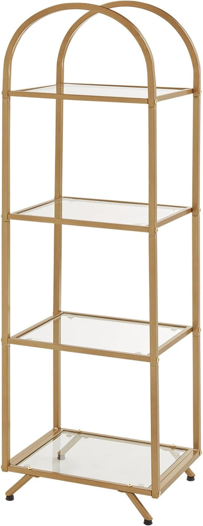 HOMBAZAAR Bookshelf,4-Tier Modern Bookcase,Book Shelf with Tempered Glass,Tall Bookshelf for Home Office, Bedroom and Living Room,Gold.