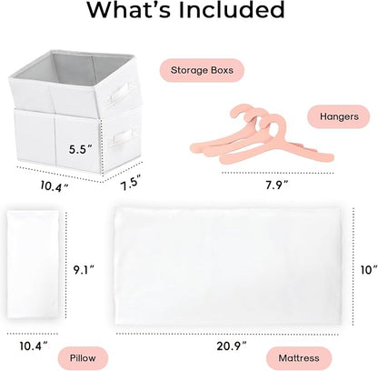 OOOK Baby Doll Crib, Wooden Baby Doll Bed and Changing Table, Dollhouse Furniture with Two Storage Box, Bedding and Coat Hangers, Nursery Playset Suitable for Dolls Under 22 Inches, Pink