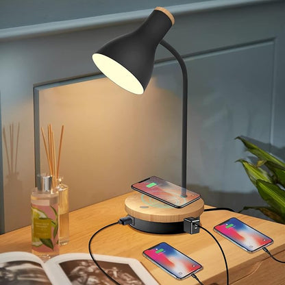 Metal Desk Lamp Wireless Charging Table Lamp Touch Reading Lights Arc Desk Lamps for Bedroom, 3 Way Dimmable Bedside Lamp with USB Charging Ports, Reading Lamp for Study Room and Office (Black-02)