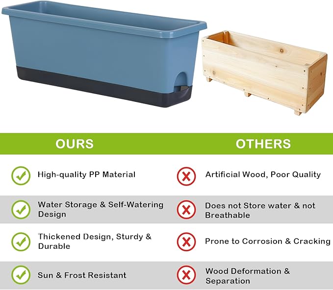Window Box Planter 4 Packs, 17 Inches Rectangle Flower Pots with Drainage Holes & Trays, Pots for Vegetables, Herbs, Flowers, Garden Windowsill Balcony (Blue, 17 * 5.1 * 6 inch)