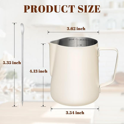 Amrules Milk Frothing Pitcher, 20oz Milk Frother Cup with Clear Scale, 304 Stainless Steel Cappuccino Espresso Machine Accessories for Barista Coffee Bar with Latte Art Pen, White