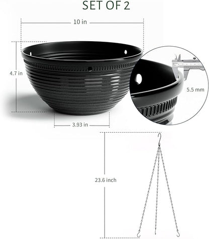 2 Pack Hanging Planters for Indoor Outdoor Plants, 10 Inch Hanging Planter with Drainage Hole & Plug Glazed Hanging Baskets Flower Pots for Garden Home (Black)