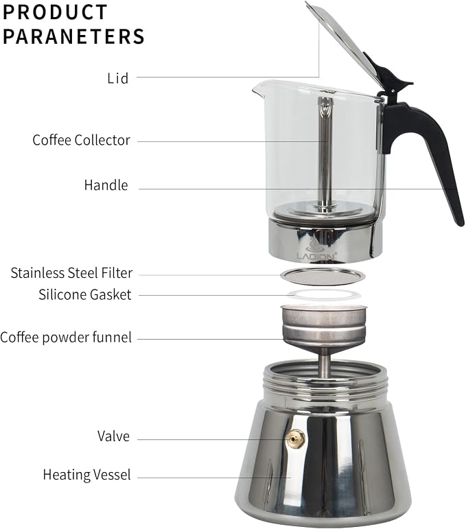 LAOION Stovetop Espresso Maker, 6Cup 240ml Moka Pot, Cuban Coffee Maker | Crystal Glass-top & Stainless Steel Coffee Maker Mocha Pot, Greca De Cafe, Cuban and Italian Coffee Maker for Cafetera Cubana