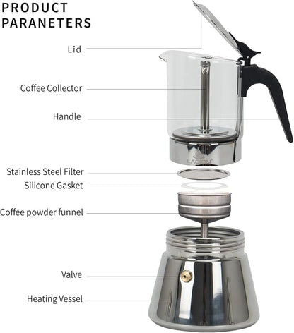 LAOION Stovetop Espresso Maker, 6Cup 240ml Moka Pot, Cuban Coffee Maker | Crystal Glass-top & Stainless Steel Coffee Maker Mocha Pot, Greca De Cafe, Cuban and Italian Coffee Maker for Cafetera Cubana