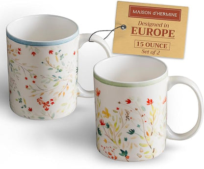Maison d' Hermine Coffee Mug with Handles Tea Cups (15 Ounce, Pack of 2) | Fine Bone China Coffee Mugs for Hot Beverages Cappuccino Latte Home Restaurant Hotel Spring Summer -Colmar
