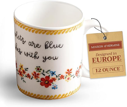Maison d' Hermine Coffee Mug with Handles Tea Cups (12 Ounce, Pack of 1) | Fine Bone China Coffee Mugs for Hot Beverages Cappuccino Latte Home Spring Summer -Happy Florals - Sweety Roses Are Red