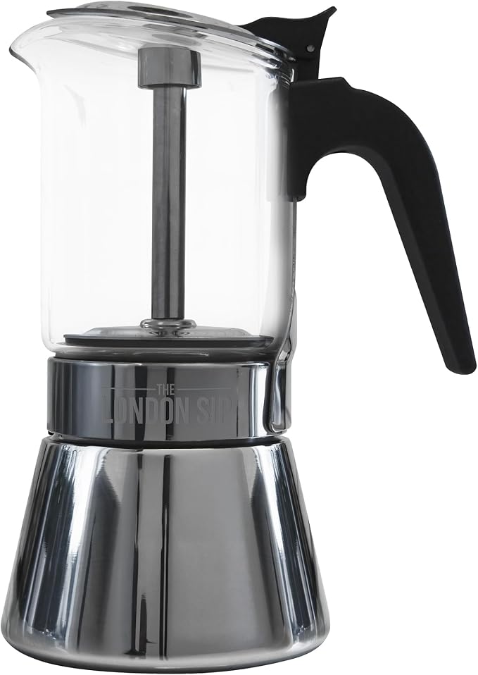 The London Sip Glass and Stainless Steel Stovetop Espresso Maker Moka Pot Italian Coffee Percolator, Glass, Medium (10.14 oz)