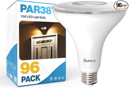 Sunco 96 Pack PAR38 LED Flood Light Outdoor Bulb, Waterproof Bright Dimmable 13W=100W, 5000K Daylight, 1050lm, E26 Base UL Energy Star Listed.