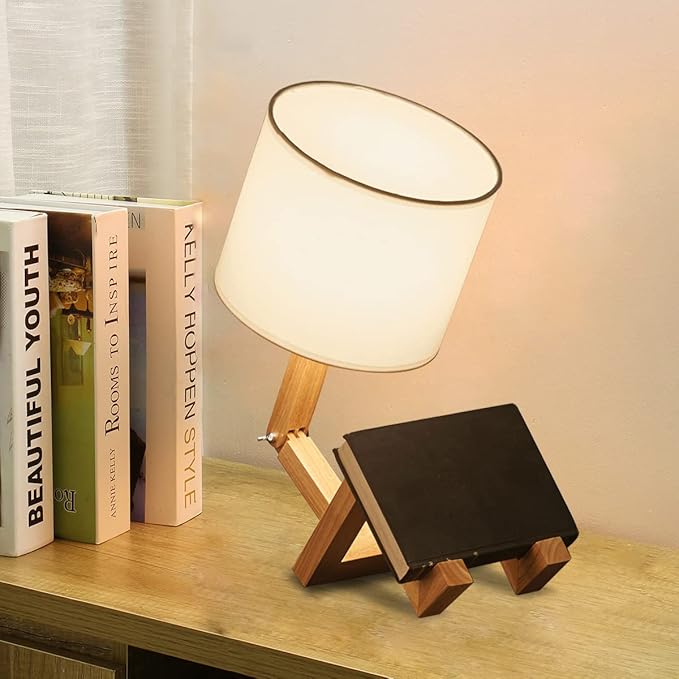 ELINKUME Robot Desk Lamp Set of 2, Creative Bedside Lamp for Bedroom,Wooden Lamp Body Adjustable,DIY E26 Living Room Table Lamps with Fabric Shade,Modern Indoor Decorative Lighting