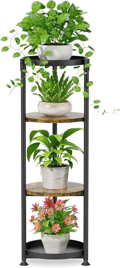iDavosic.ly 4 Tier Corner Plant Stand Indoor, 45 Inch Tall Vertical Metal Flower Heavy Duty Pot Holder Shelf Outdoor for Patio Porch Living Room, Modern Black & Rustic Brown - Round