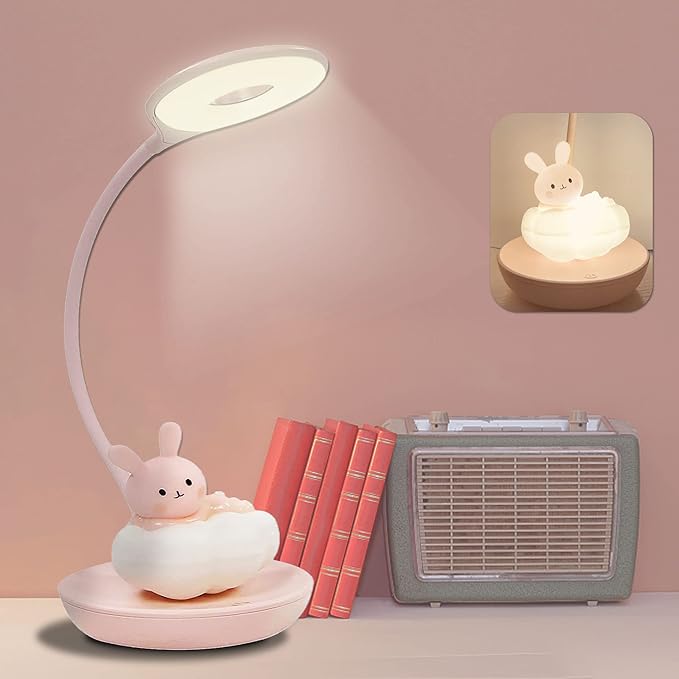 Kids Desk Lamp Pink, Dimming Desk Lamp for Girls with Exclusive Cartoon Look, Cute Night Light for Kids Bedroom, Eye-Caring LED Portable Reading Lamp for Child, Unique Gift (Pink Rabbit)