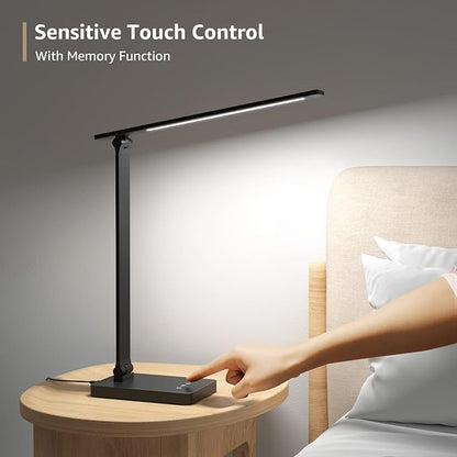 Lepro Desk Lamp with USB Charging Port for Home Office, 650LM 9.5W, Black | Dimmable Task Light, 5 Colors 5 Brightness, Eye Caring Table Lamp for Dorm Room, Sewing, Crafting, Reading, Nail, Drafts