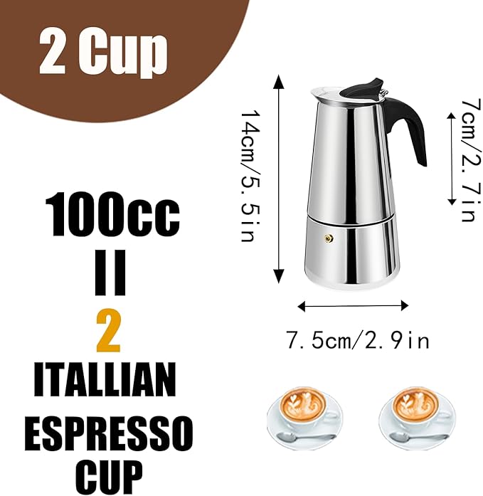 2 Cup Stovetop Espresso Maker Stainless Steel Moka Pot Stove Top Percolator Italian Coffee Makers Capable Mocha Greca Machine Cafe Classic Induction Cookers for Home and Camping 100ml 3.3oz