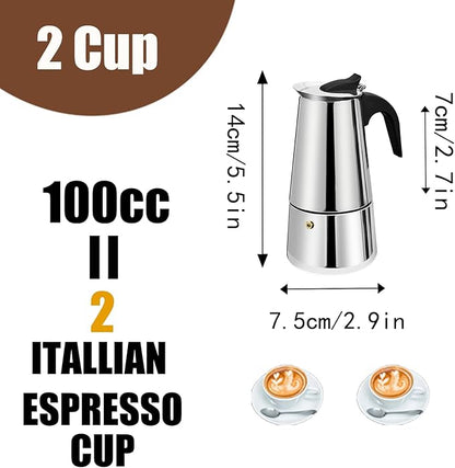 2 Cup Stovetop Espresso Maker Stainless Steel Moka Pot Stove Top Percolator Italian Coffee Makers Capable Mocha Greca Machine Cafe Classic Induction Cookers for Home and Camping 100ml 3.3oz