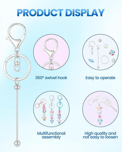 RQAYE 30pcs Beadable Keychains keychain bulk kit cute blank bead keychain strip DIY men's and women's making supplies crafts, jewelry, bag accessories, customized project gifts (Silver)