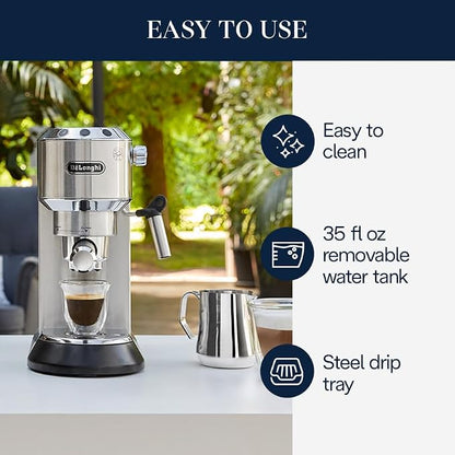 De'Longhi Dedica Espresso Machine, 15-Bar Pump, Frother, Stainless Steel | #1 Worldwide Espresso Machine Maker, Rapid Heat-Up, Frother, Compact Design, Easy to Clean