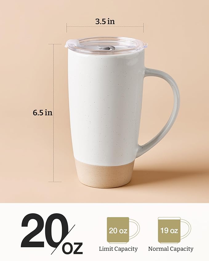 famiware Milkyway Coffee Mugs, 20oz Large Coffee Mug, Ceramic Mug Set of 2 with Lid, Cup Set with Handle for Latte, Tea, Cocoa, Milk, Home & Office, White and Cinnamon Brown