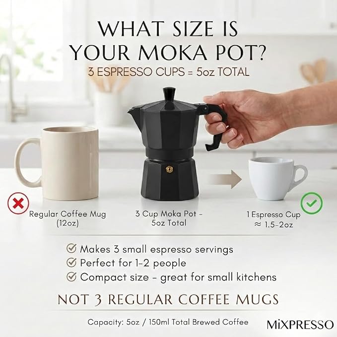Mixpresso 3 Cup Moka Pot Stovetop Espresso Maker, Italian Cuban Coffee Pot | 5oz aluminum Italian coffee maker for gas and electric stovetops, small design for traditional coffee at home, Mug 4.4 Oz
