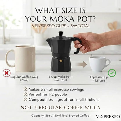 Mixpresso 3 Cup Moka Pot Stovetop Espresso Maker, Italian Cuban Coffee Pot | 5oz aluminum Italian coffee maker for gas and electric stovetops, small design for traditional coffee at home, Mug 4.4 Oz