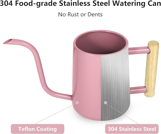 Watering Can Indoor Plants, 35 oz/1000 ml Metal Stainless Steel Watering Can Pot with Long Spout for Indoor House Plants Bonsai Outdoor Garden Flower Decorative (Pink)