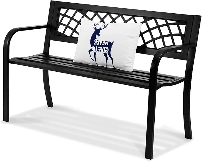 VEVOR Outdoor Bench, 46" Iron Steel Frame Garden Park Bench with Mesh Pattern and Plastic Backrest Armrests, Patio Bench for Garden, Park, Yard, Front Porch