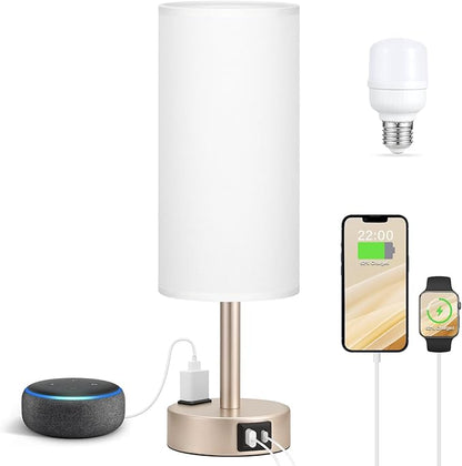 Antique White Bedside Table Lamp for Bedroom - 3 Way Dimmable Touch Lamp USB C Charging Ports and AC Outlet, Small Lamp Gold Base Round Flaxen Fabric Shade for Living Room, Desk, LED Bulb Included