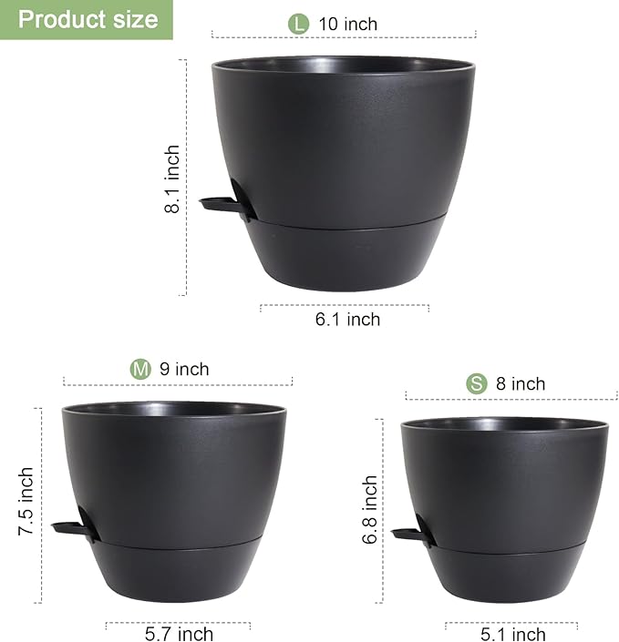 10/9/8 inch Medium Self Watering Pots, Plant Pots with Mesh Drainage Holes for Indoor Outdoor Garden Plants, Flower Pots with Removable Deep Reservoir, Set of 3 Plastic Planters, Black