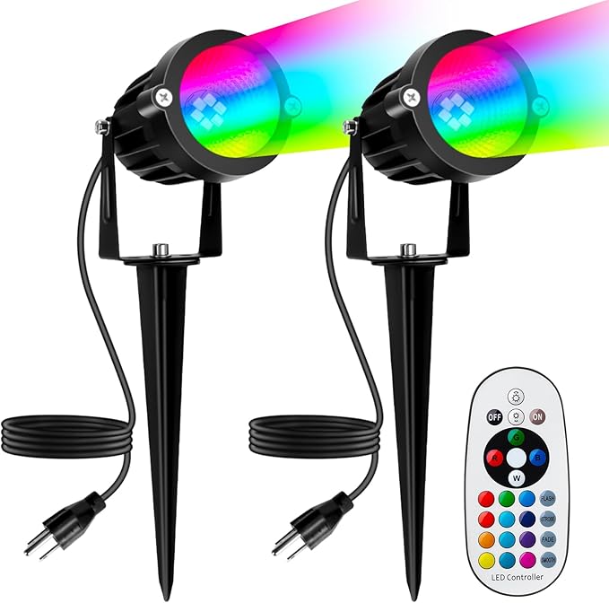 PYDS Christmas Spotlights Outdoor, 12W RGBW Halloween Spot Lights with Remote, 120V Plug-in Color Changing LED Landscape Lighting with IP65 Waterproof for Yard Garden Tree Decor, 2 Pack