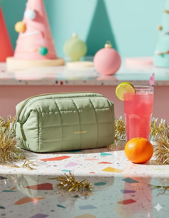 BAGSMART Makeup Bag Travel Toiletry Bag, Wide-open Zipper Pouch, Sage Green | Puffy Padded, Travel Essentials, Make Up Bag, For Women, Makeup Organizer, Toiletries Accessories Brushes