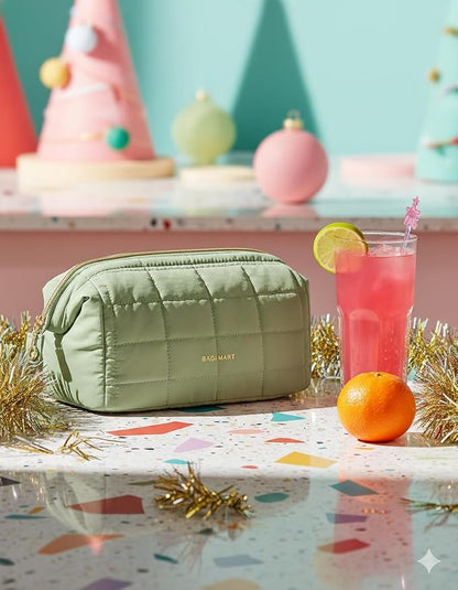 BAGSMART Makeup Bag Travel Toiletry Bag, Wide-open Zipper Pouch, Sage Green | Puffy Padded, Travel Essentials, Make Up Bag, For Women, Makeup Organizer, Toiletries Accessories Brushes