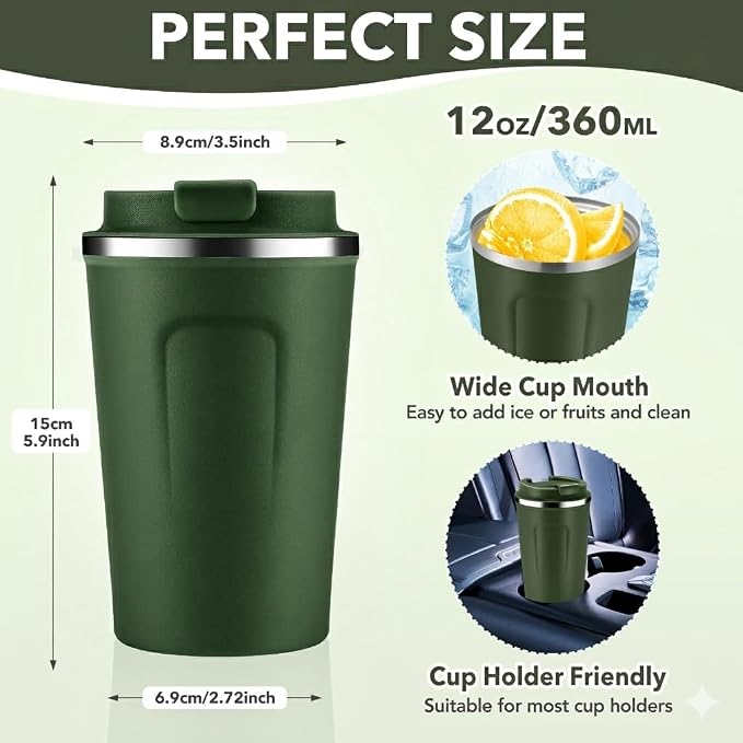 Volhoply 12 oz Double Wall Insulated Vacuum Travel Coffee Mug with Flip Lid Bulk 4 Pack,Reusable Stainless Steel Leak Proof Coffee Cup,Portable Thermal Tumbler for Hot & Cold Drinks(Army Green,8 Set)