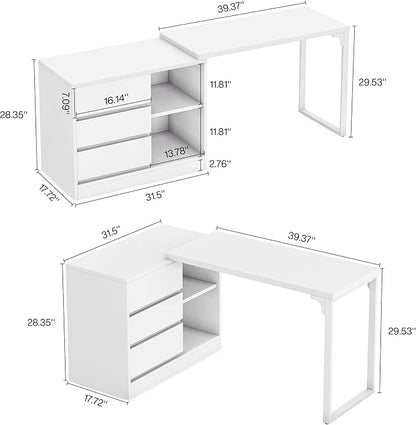 Tribesigns L-Shaped Computer Desk with Drawers and Shelves, Reversible White Corner Office Desk with Storage Cabinet, Modern Study Writing Table for Home Office, Bedroom