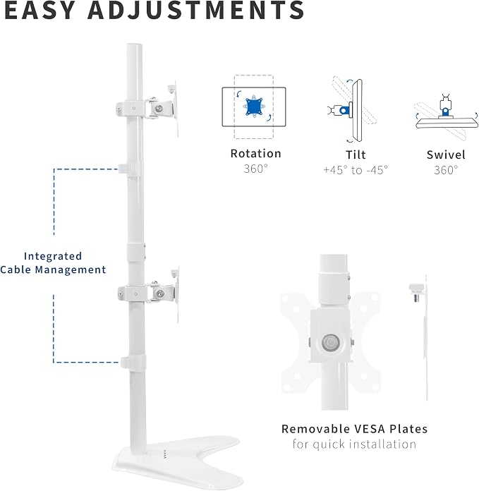 VIVO Dual Monitor Desk Stand Free-Standing LCD Mount, Holds in Stacked Vertical Position 2 Ultrawide Screens up to 34 inches, White, STAND-V002LW