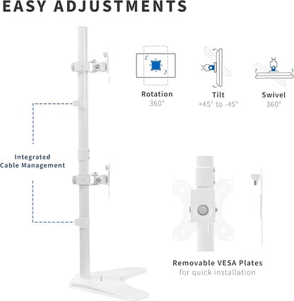 VIVO Dual Monitor Desk Stand Free-Standing LCD Mount, Holds in Stacked Vertical Position 2 Ultrawide Screens up to 34 inches, White, STAND-V002LW