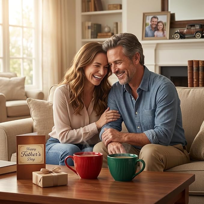 24 oz Large Ceramic Coffee Mug Set of 2, Red & Green Ribbed | Jumbo Mugs with Handle, Giant Soup Cups for Hot Chocolate, Latte, Oatmeal - Ideal Gift for Dad & Grandpa, Large Soup Bowl