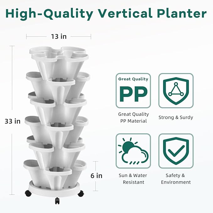 Strawberry Vertical Planter 2 Pack, 6 Tiered Stacking Garden Tower, Stackable Herb Vegetable Planters with Support Pole Indoor Outdoor Black