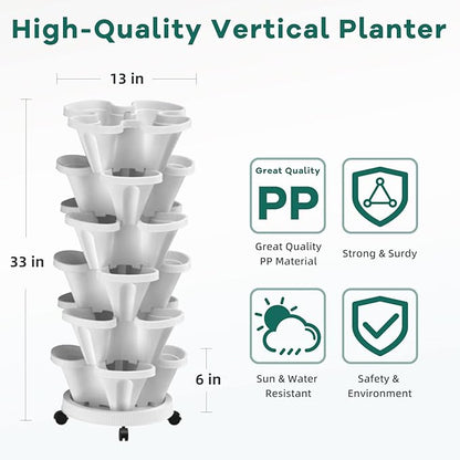 6 Tiered Strawberry Vertical Planters 2 Pack, Stacking Tower Garden with Support Pole, Stackable Herb Vegetable Planter Indoor Outdoor White
