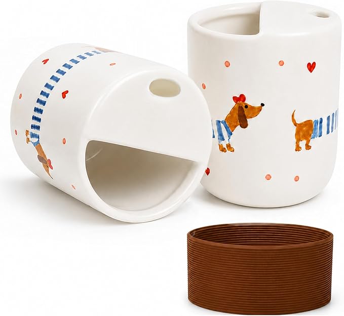 Ceramic Travel Coffee Mug 12 OZ, Cute Dachshund Pattern Coffee Cup, Handmade Style Ceramic Coffee Mug with Sip Hole for Women Men, Office Home Kitchen Gift