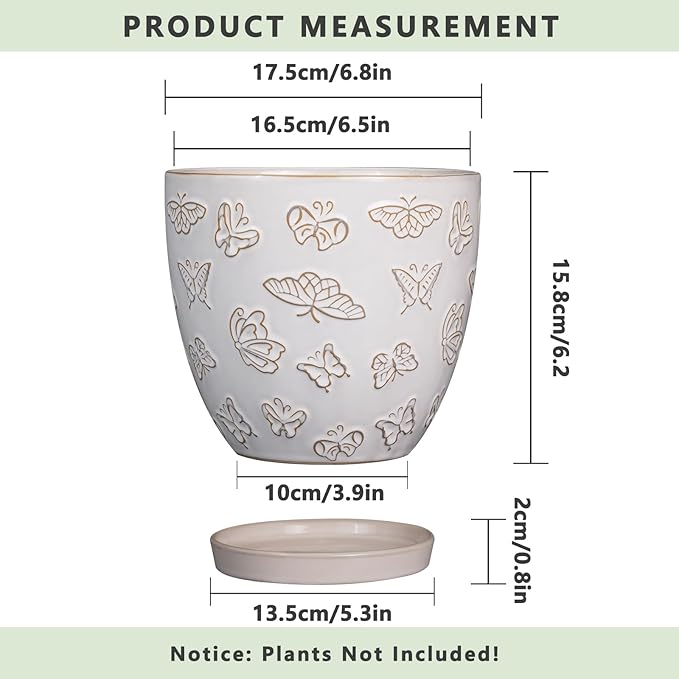 Ceramic Planter Pot - 6.8 Inch Plant Pot with Drainage Hole and Saucer, Succulent Round Flower Pot for Plants Indoor Outdoor, White