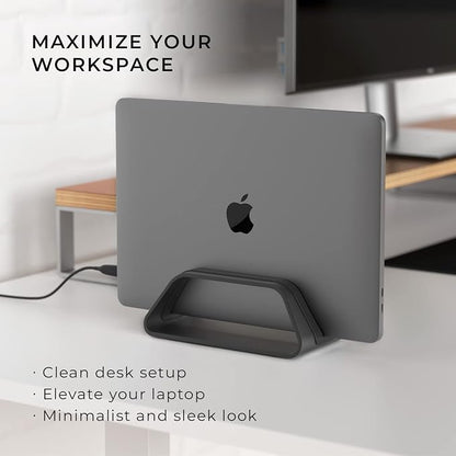 HumanCentric Vertical Laptop Stand Compatible with MacBook Pro and MacBook Air, Holder for Personal Computer Desk Stand, Aluminium, Exchangeable Inserts to Fit Different Device Models, Black