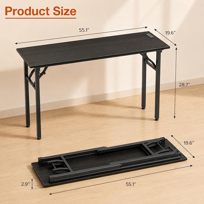 Folding Table Computer Desk - 55.1" No Assembly Folding Desk with Power Outlets & USB Charging Port, Small Desk, Foldable Office Desk, Compact Storage Portable Use for Small Space, Dark Oak
