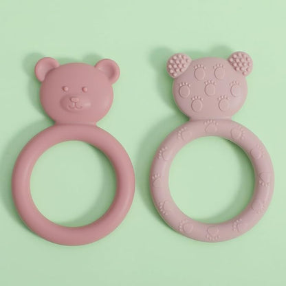 Silicone Baby Teether, Teething Toy Ring for Babies, Easy to Hold Design, BPA Free (Power Rose + Dusty Lilac)