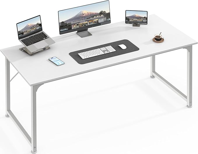 Huuger Computer Desk, 55 Inch Home Office Desk, Gaming Writing Work from Home Study Desk, Large Legroom, Sturdy Metal Frame, Modern Simple, White