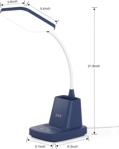 LED Desk Lamp with 10W Wireless Charging & Pen Holder, Navy Blue | CRI 95, 800LM, Stepless Dimming, 3 Modes, 360°Flexible Arm, Touch, Study Table Lamp for Home Office, Dorm Room, with Adapter