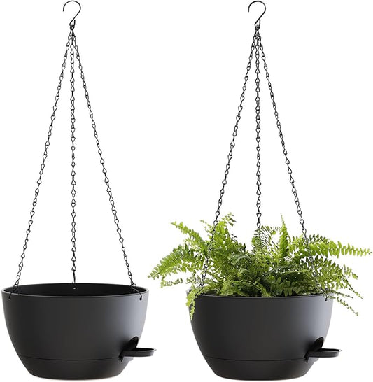 10 Inch Hanging Baskets 2 PC with Chains, Self-Watering Hanging Planters for Indoor Outdoor Plants, Plastic Hanging Flower Pots,Black
